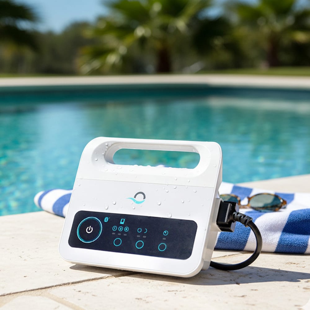 Dolphin power supply with weekly timer beside an inground pool